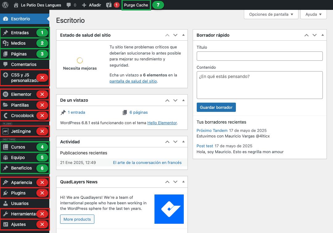 Menú del panel con siete botones en verde y los demás en rojo