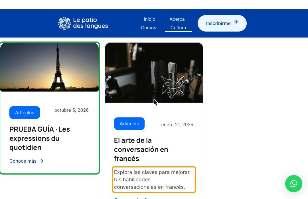 Dos tarjetas en Cultura, una sin resumen y otra con resumen