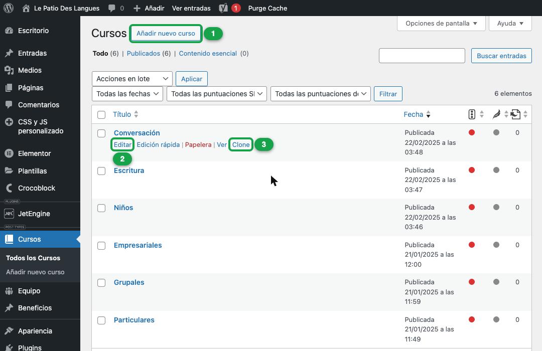 Lista de cursos con los botones Añadir, Editar y Clone