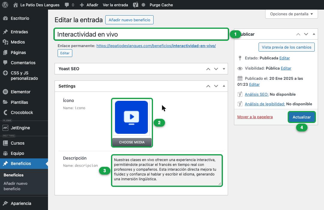 Ficha de beneficio con título, ícono, descripción y Actualizar